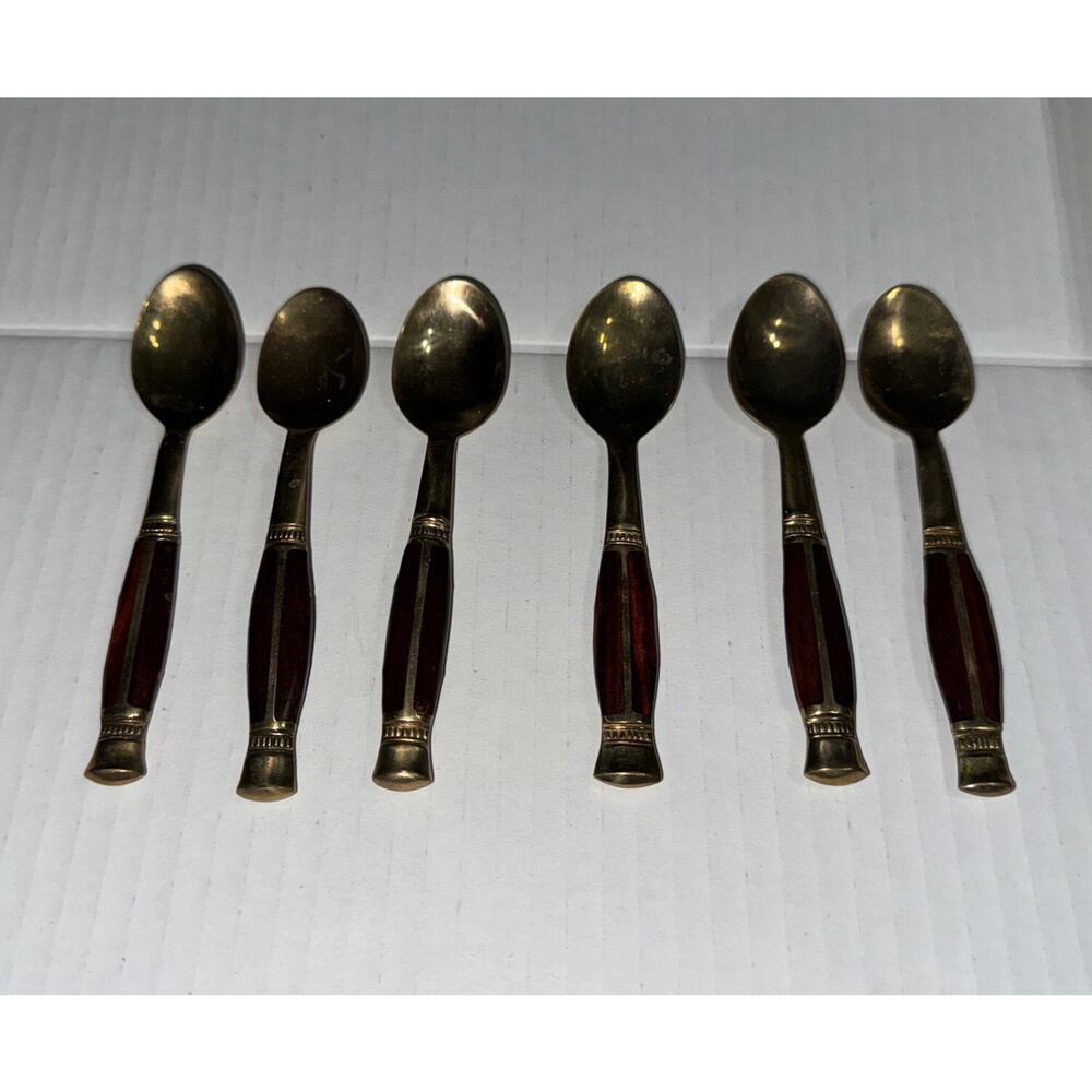 Vintage Brass And Wood Demitasse‎ Coffee Spoon Thailand Lot Of 8